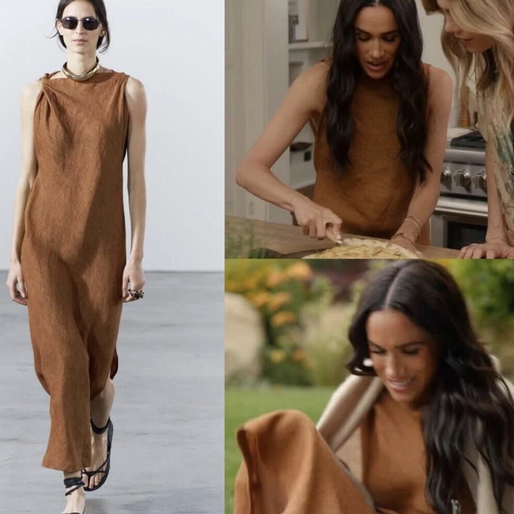 Zara Woman ZW 2024 Collection Gathered Linen Maxi Dress Brick Cognac S ASO Celeb